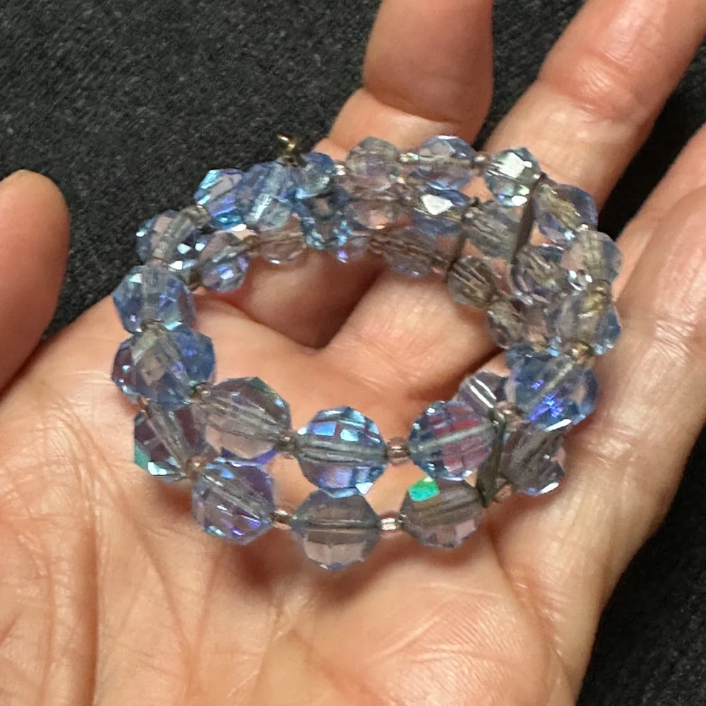 Three Vintage Crystal Bead Bracelets Lapis Blue Light Blue Clear Crystal Small